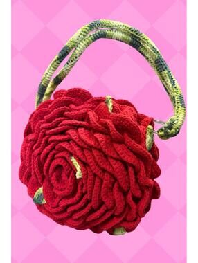 Handmade Red Crochet 3D Rose Purse with Green Handle